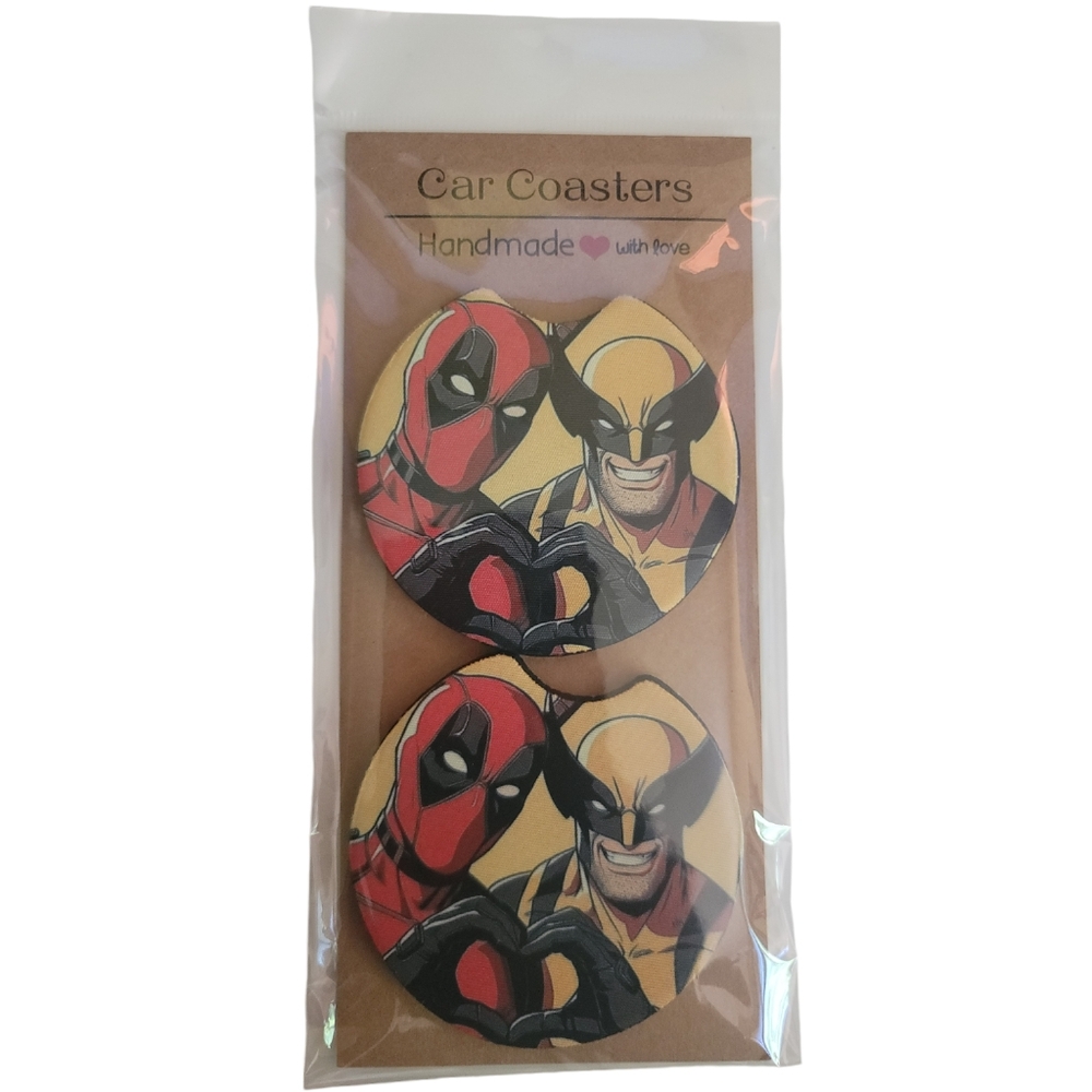 Deadpool and Wolverine Handmade Reuseable Neoprene Set of 2 Car Coasters